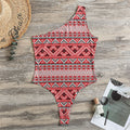 Red And White Native Tribal Print One Shoulder Bodysuit
