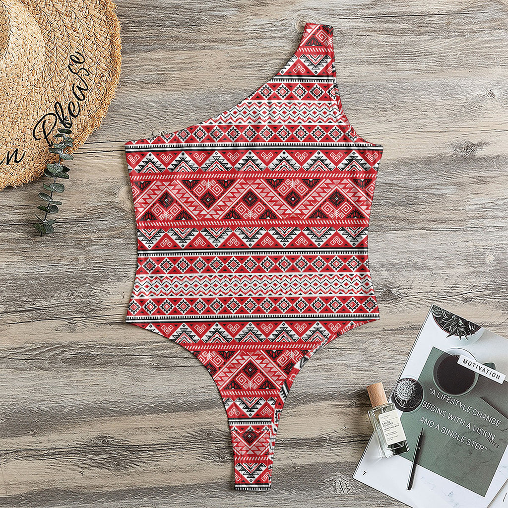 Red And White Native Tribal Print One Shoulder Bodysuit