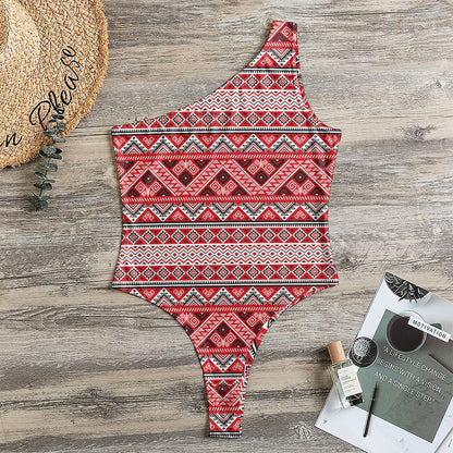 Red And White Native Tribal Print One Shoulder Bodysuit