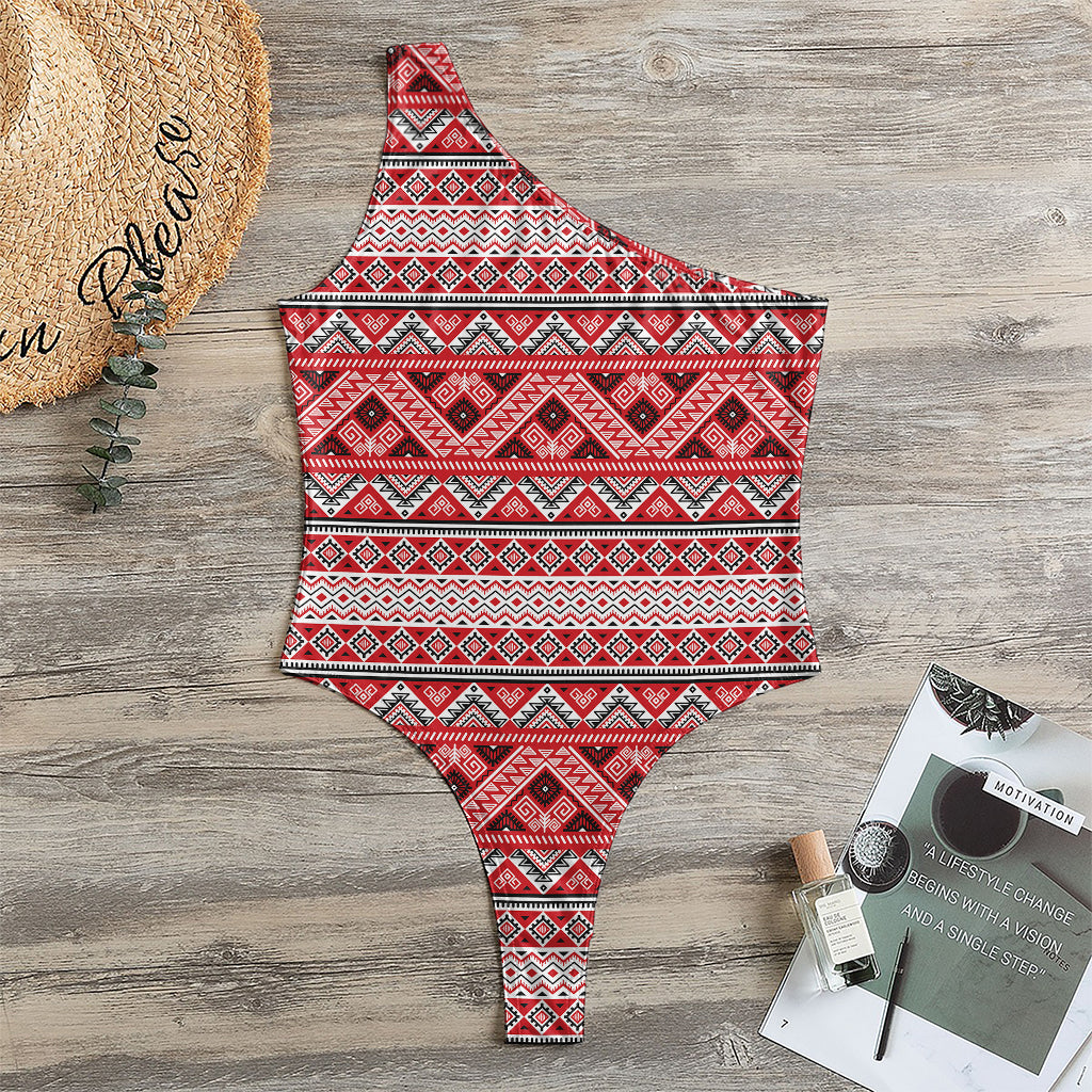 Red And White Native Tribal Print One Shoulder Bodysuit