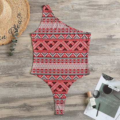 Red And White Native Tribal Print One Shoulder Bodysuit