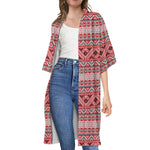 Red And White Native Tribal Print Open Front Beach Cover Up