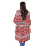 Red And White Native Tribal Print Open Front Beach Cover Up