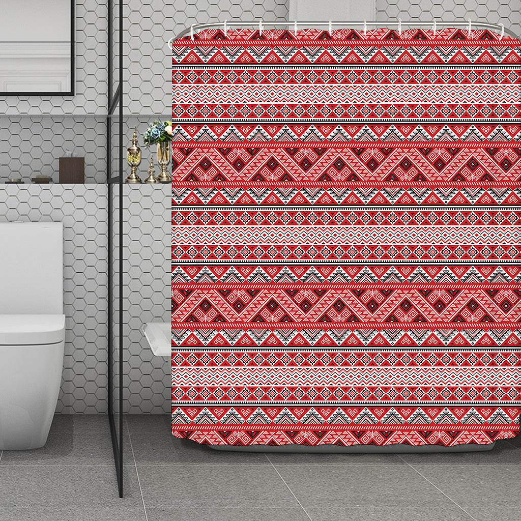 Red And White Native Tribal Print Polyester Shower Curtain