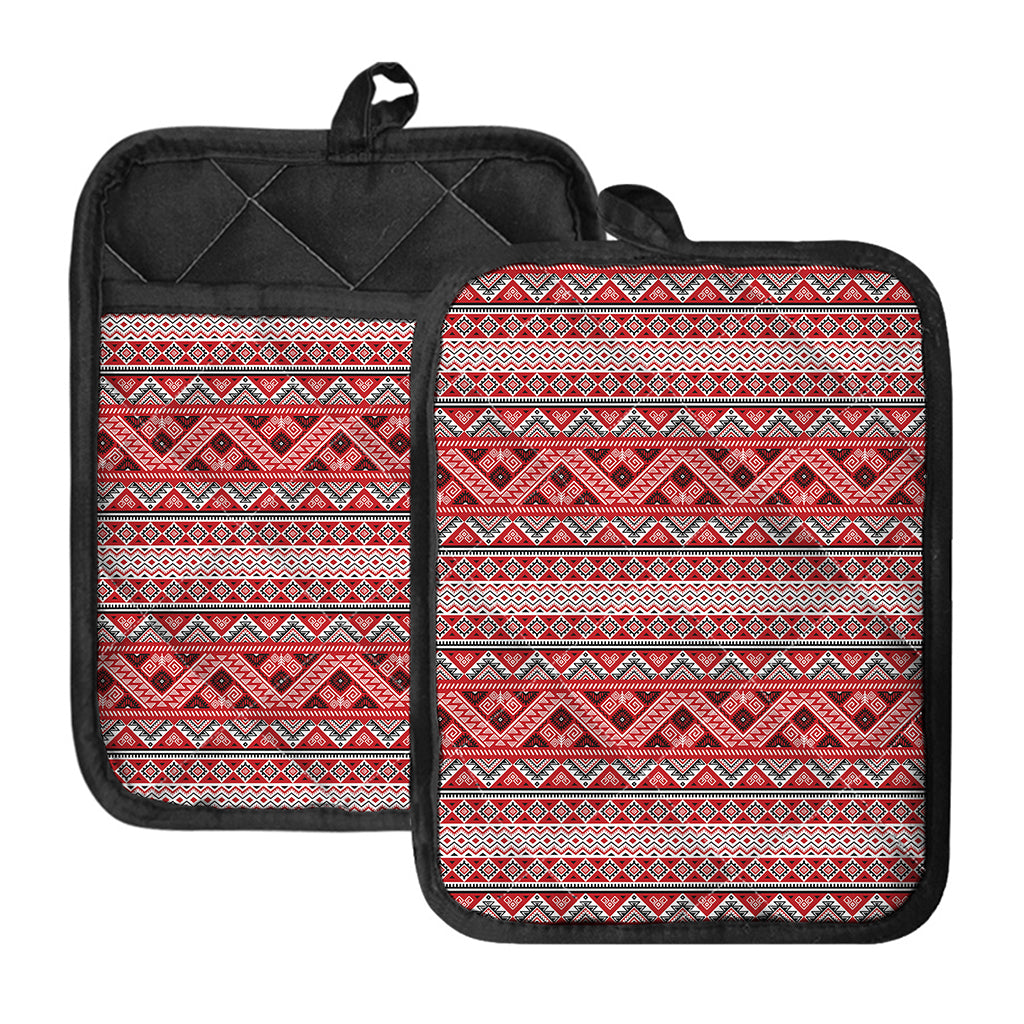 Red And White Native Tribal Print Pot Holders With Pocket