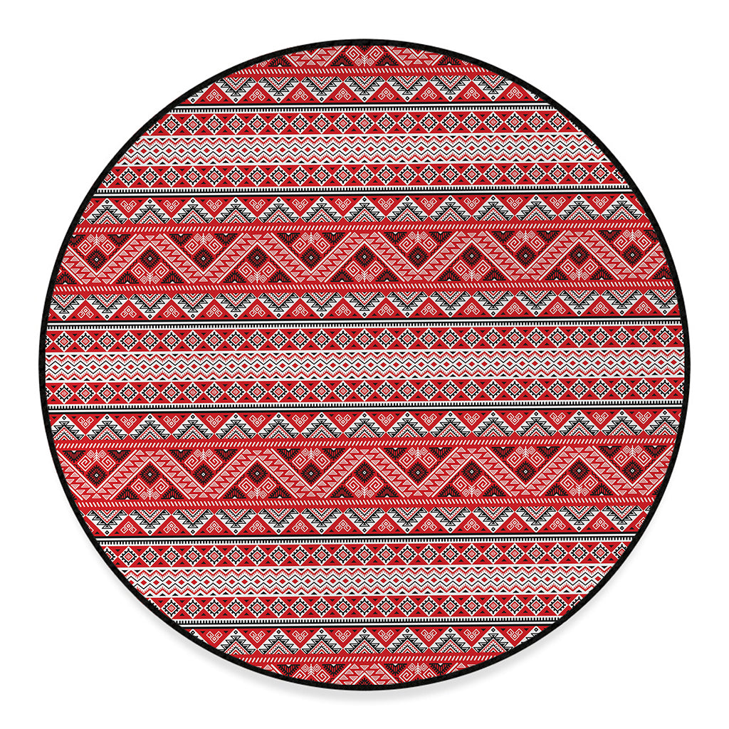 Red And White Native Tribal Print Round Floor Mat