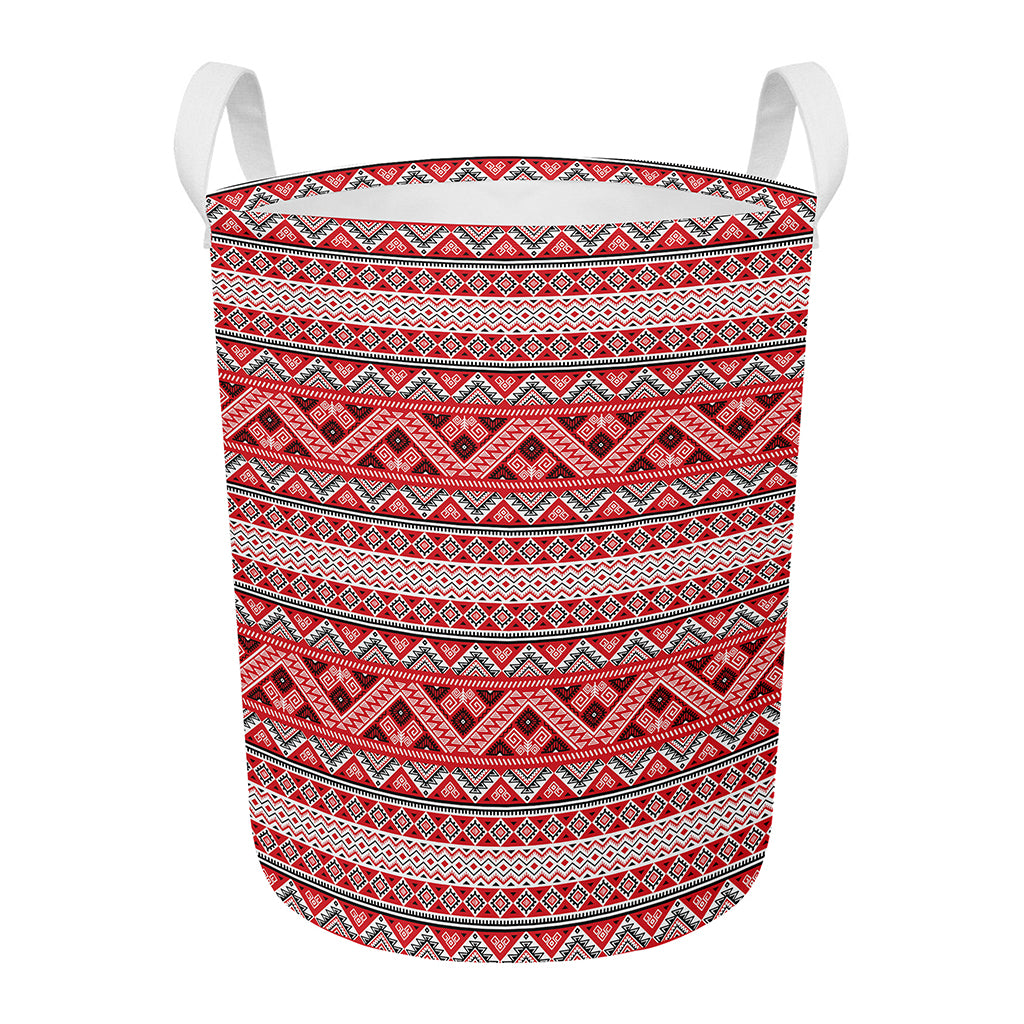 Red And White Native Tribal Print Round Laundry Basket
