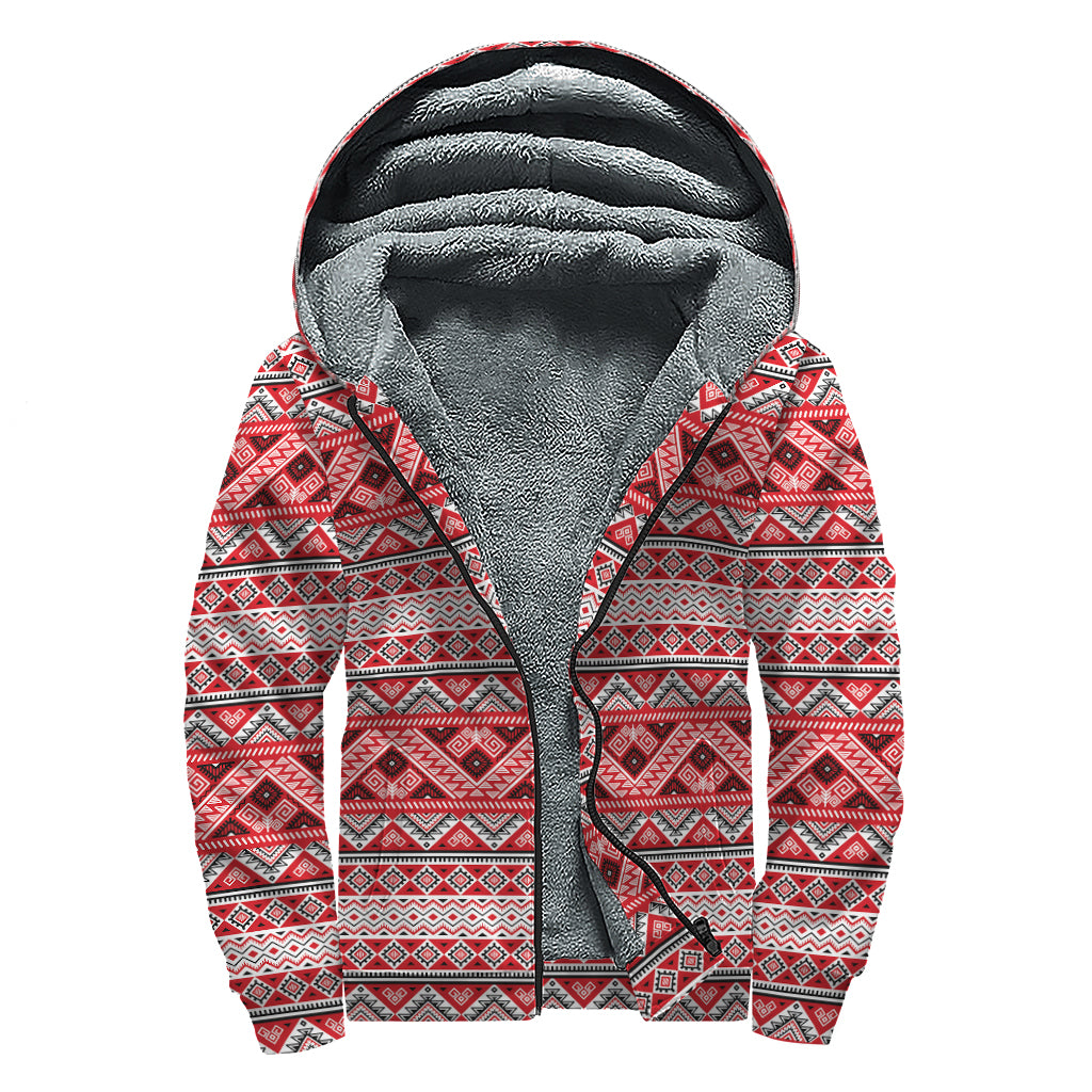 Red And White Native Tribal Print Sherpa Lined Zip Up Hoodie