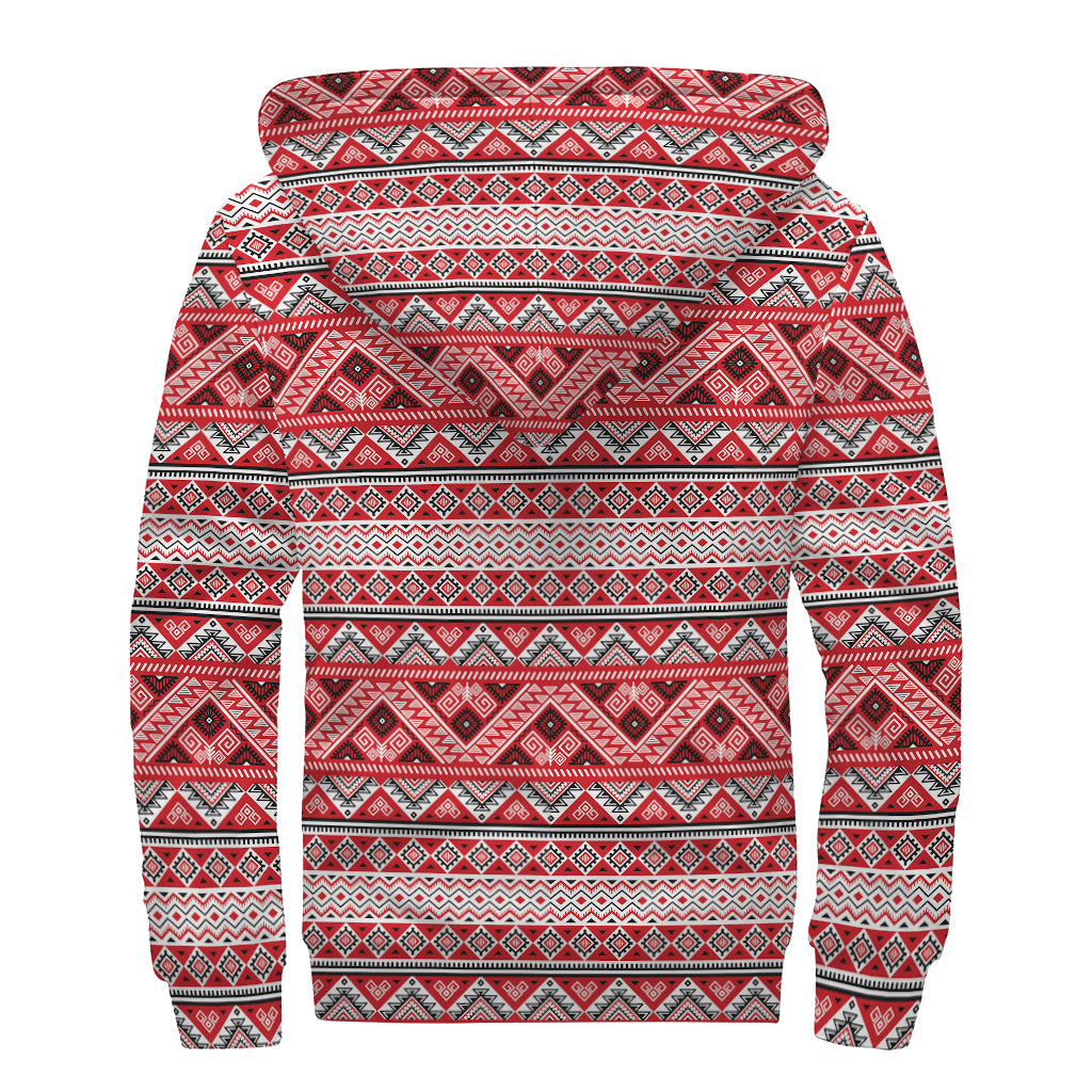 Red And White Native Tribal Print Sherpa Lined Zip Up Hoodie