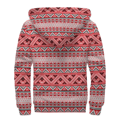 Red And White Native Tribal Print Sherpa Lined Zip Up Hoodie