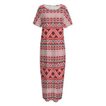 Red And White Native Tribal Print Short Sleeve Long Nightdress