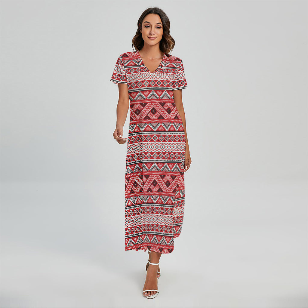 Red And White Native Tribal Print Short Sleeve Maxi Dress