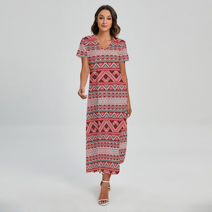 Red And White Native Tribal Print Short Sleeve Maxi Dress