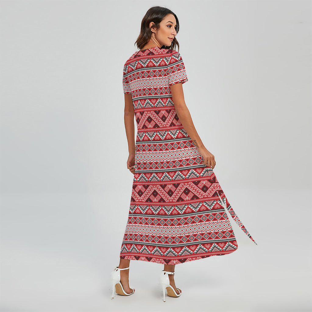 Red And White Native Tribal Print Short Sleeve Maxi Dress