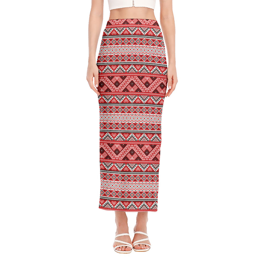 Red And White Native Tribal Print Side Slit Maxi Skirt