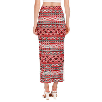 Red And White Native Tribal Print Side Slit Maxi Skirt