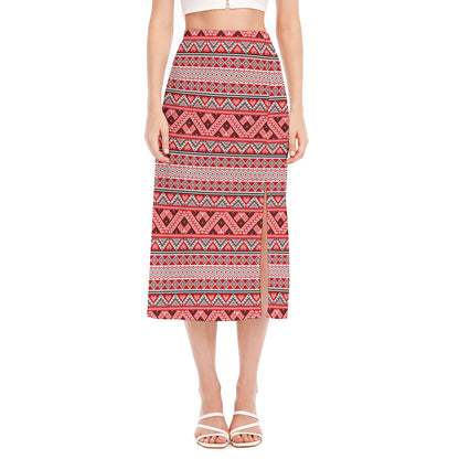 Red And White Native Tribal Print Side Slit Midi Skirt