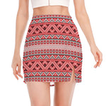 Red And White Native Tribal Print Side Slit Mini Skirt
