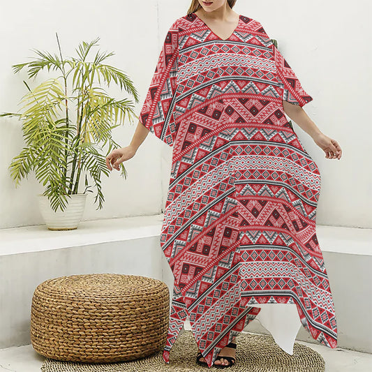 Red And White Native Tribal Print Silk V-Neck Kaftan Dress