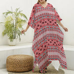 Red And White Native Tribal Print Silk V-Neck Kaftan Dress