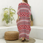 Red And White Native Tribal Print Silk V-Neck Kaftan Dress