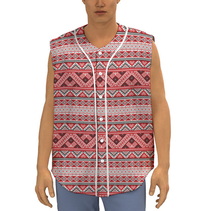 Red And White Native Tribal Print Sleeveless Baseball Jersey