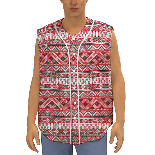 Red And White Native Tribal Print Sleeveless Baseball Jersey