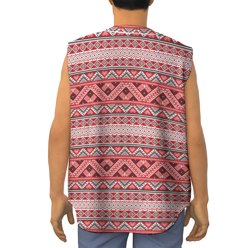 Red And White Native Tribal Print Sleeveless Baseball Jersey