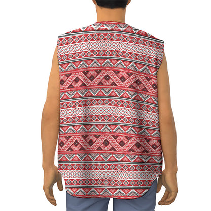 Red And White Native Tribal Print Sleeveless Baseball Jersey