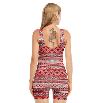Red And White Native Tribal Print Sleeveless One Piece Swimsuit