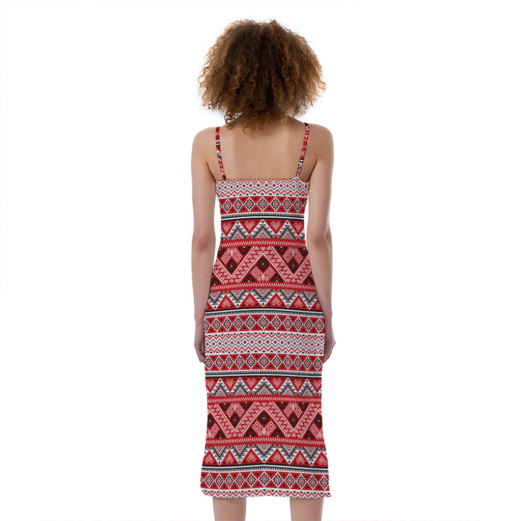 Red And White Native Tribal Print Slim Fit Midi Cami Dress