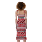 Red And White Native Tribal Print Slim Fit Midi Cami Dress