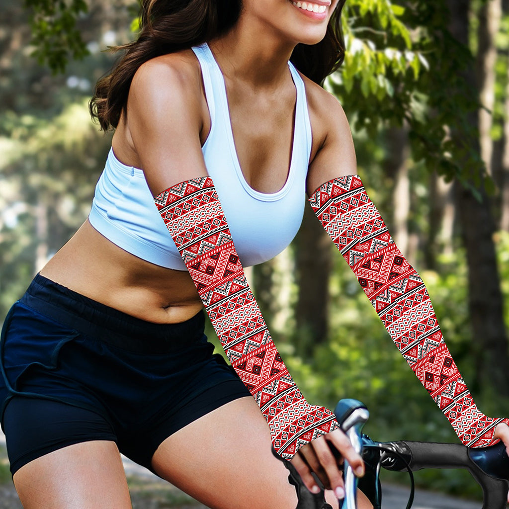 Red And White Native Tribal Print Sun Protection Arm Sleeves