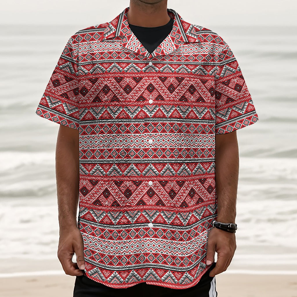 Red And White Native Tribal Print Textured Short Sleeve Shirt