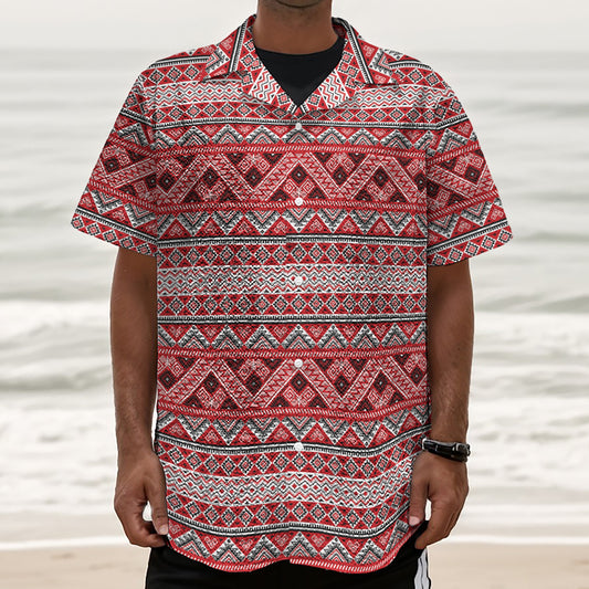 Red And White Native Tribal Print Textured Short Sleeve Shirt