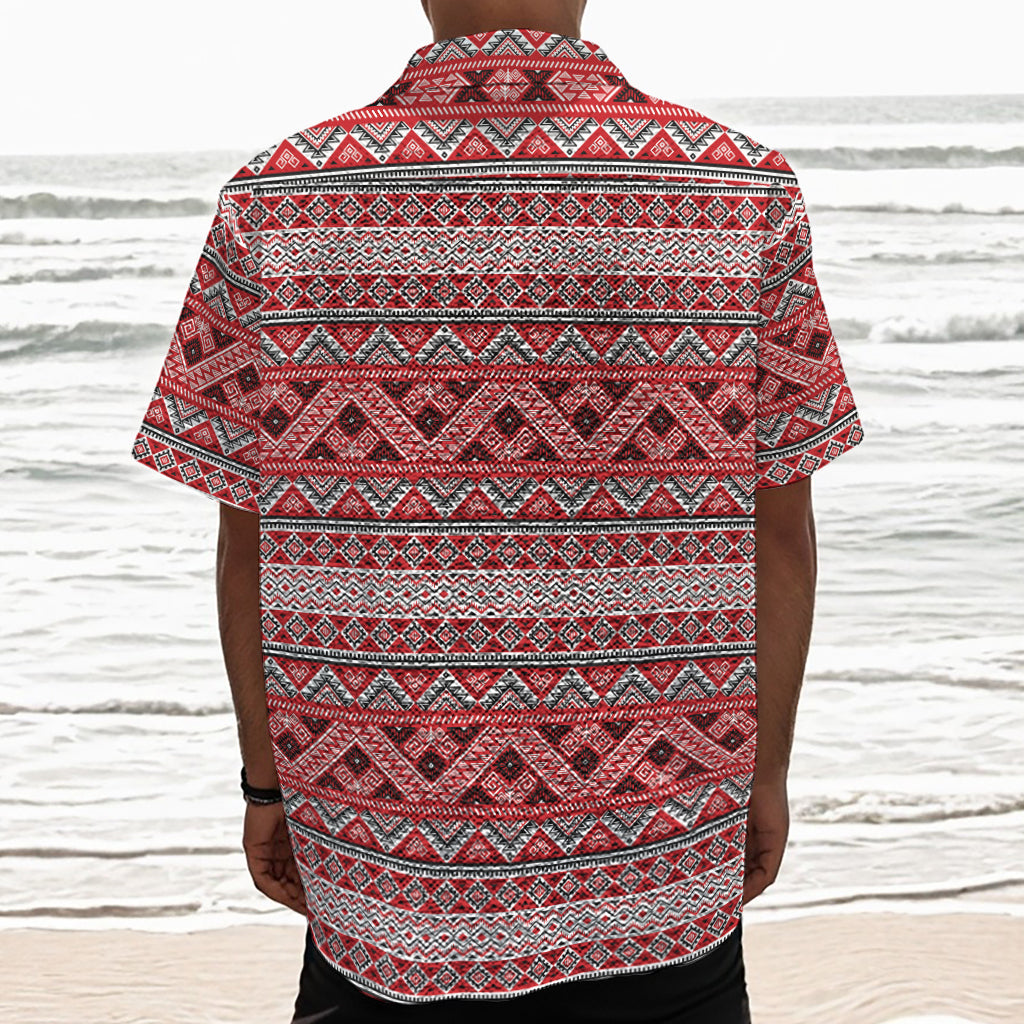 Red And White Native Tribal Print Textured Short Sleeve Shirt
