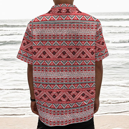 Red And White Native Tribal Print Textured Short Sleeve Shirt