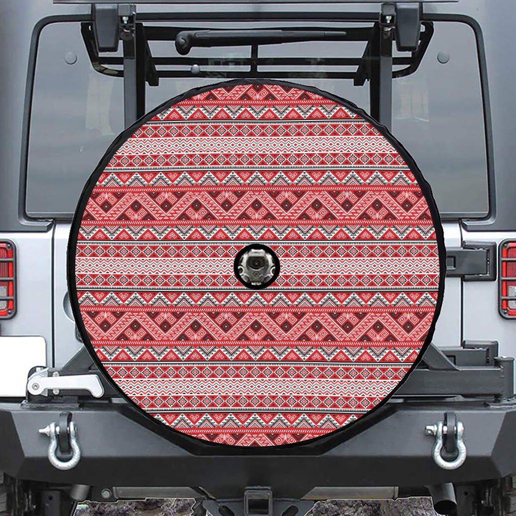 Red And White Native Tribal Print Tire Cover With Camera Hole