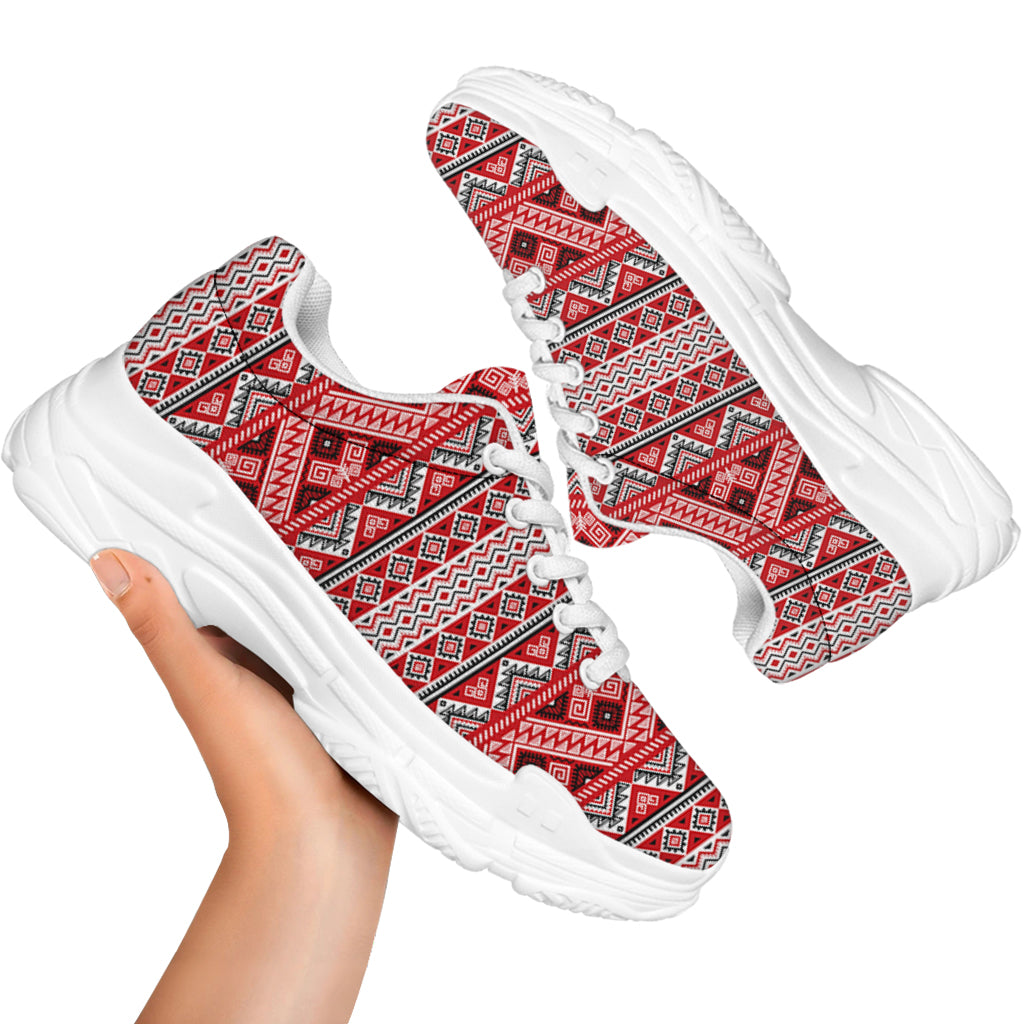 Red And White Native Tribal Print White Chunky Shoes