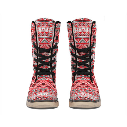 Red And White Native Tribal Print Winter Boots