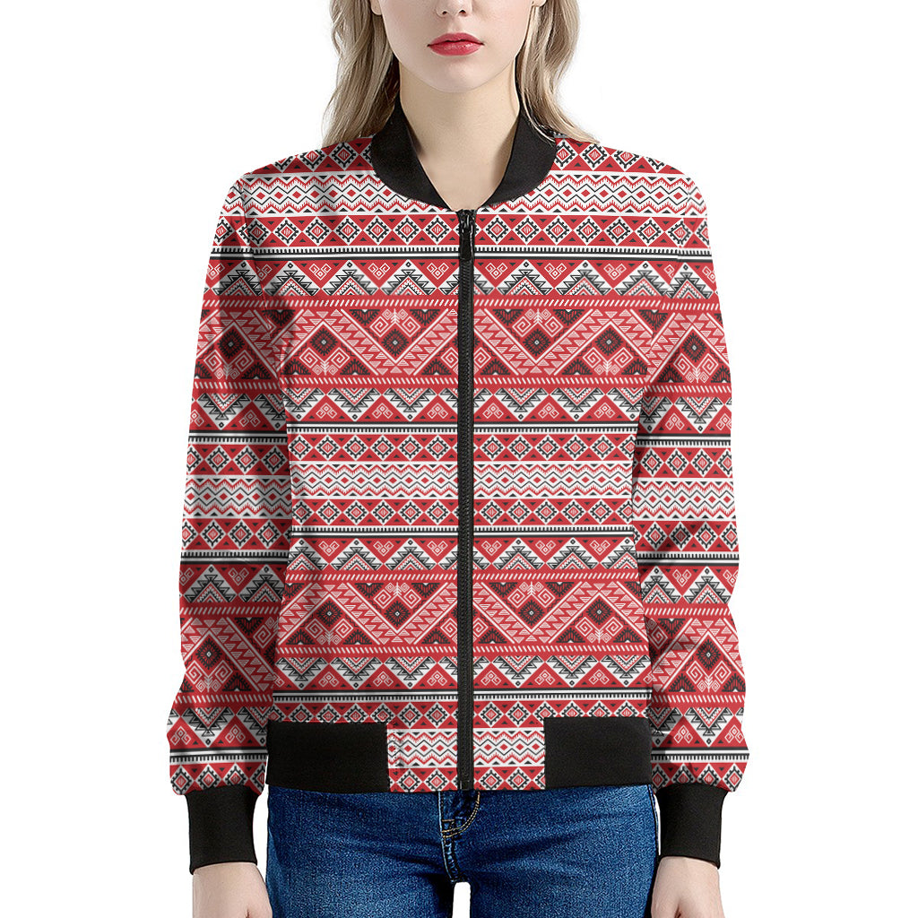 Red And White Native Tribal Print Women's Bomber Jacket