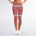 Red And White Native Tribal Print Women's Capri Leggings