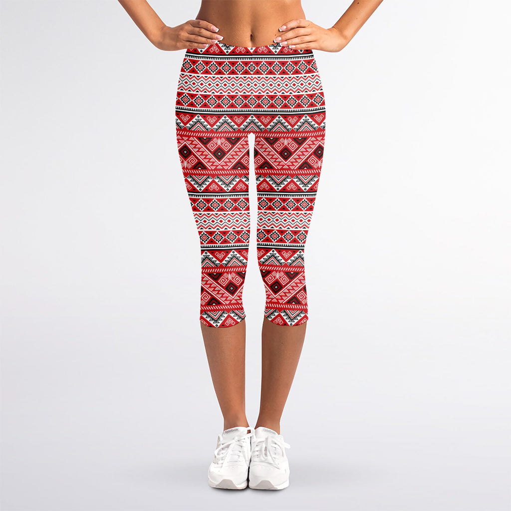 Red And White Native Tribal Print Women's Capri Leggings