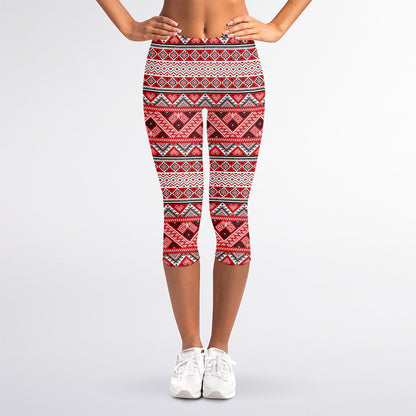 Red And White Native Tribal Print Women's Capri Leggings