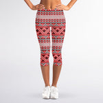 Red And White Native Tribal Print Women's Capri Leggings