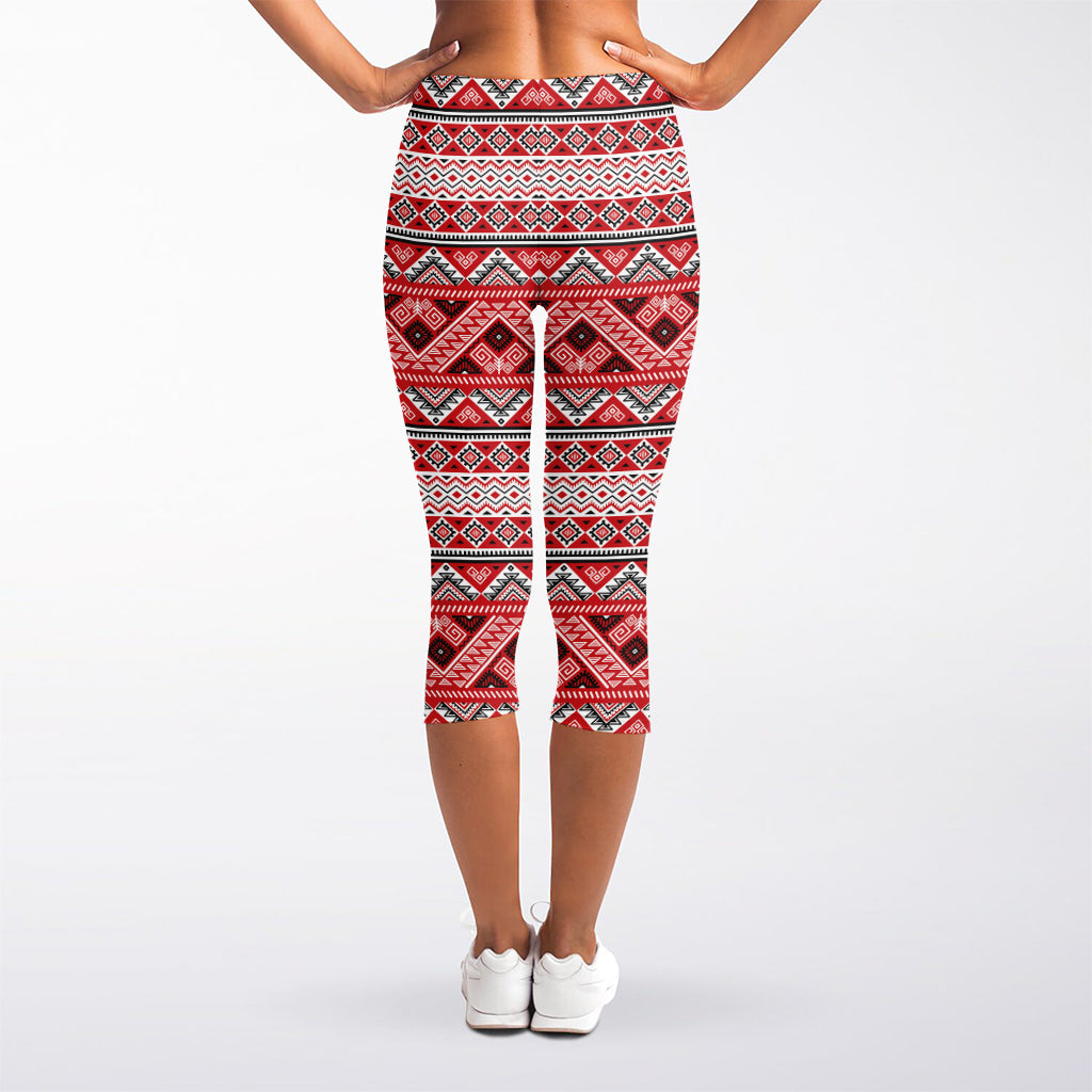 Red And White Native Tribal Print Women's Capri Leggings