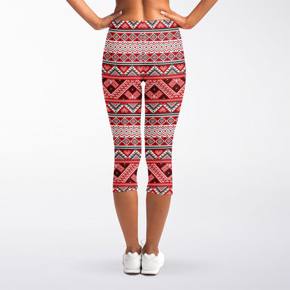 Red And White Native Tribal Print Women's Capri Leggings