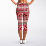 Red And White Native Tribal Print Women's Capri Leggings