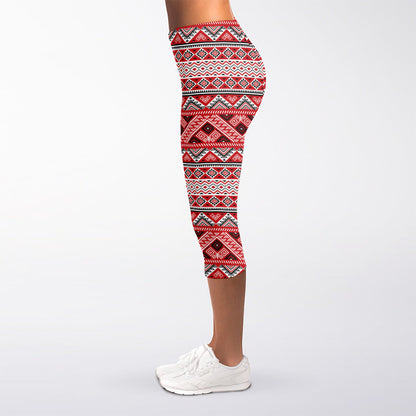 Red And White Native Tribal Print Women's Capri Leggings