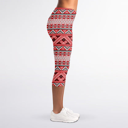 Red And White Native Tribal Print Women's Capri Leggings